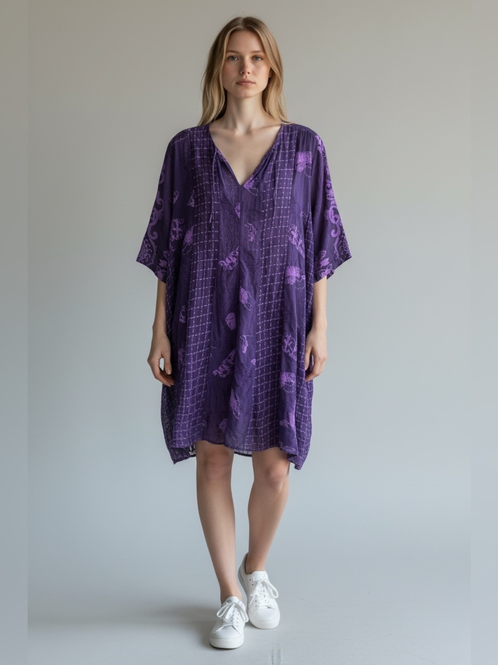 Johnny Was Purple Short V-Neck Tunic mini Dress size L